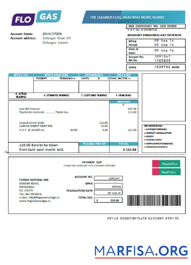 Printable Ireland Flogas Natural Gas utility bill download for verification